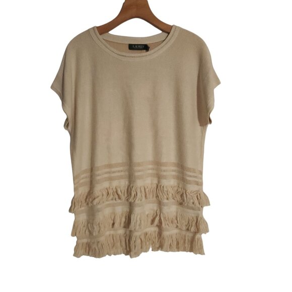 Lauren Ralph Lauren Fringe Trim Top Sweater Cream Boho Festival Size Small NWT - Picture 2 of 16